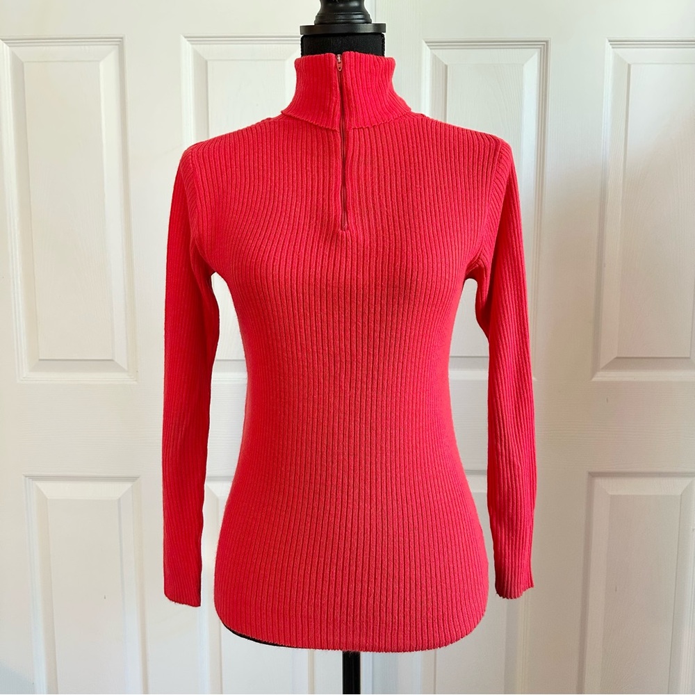Sears Vintage 1970’s Ribbed Half Zip Coral Orange High Neck Sweater